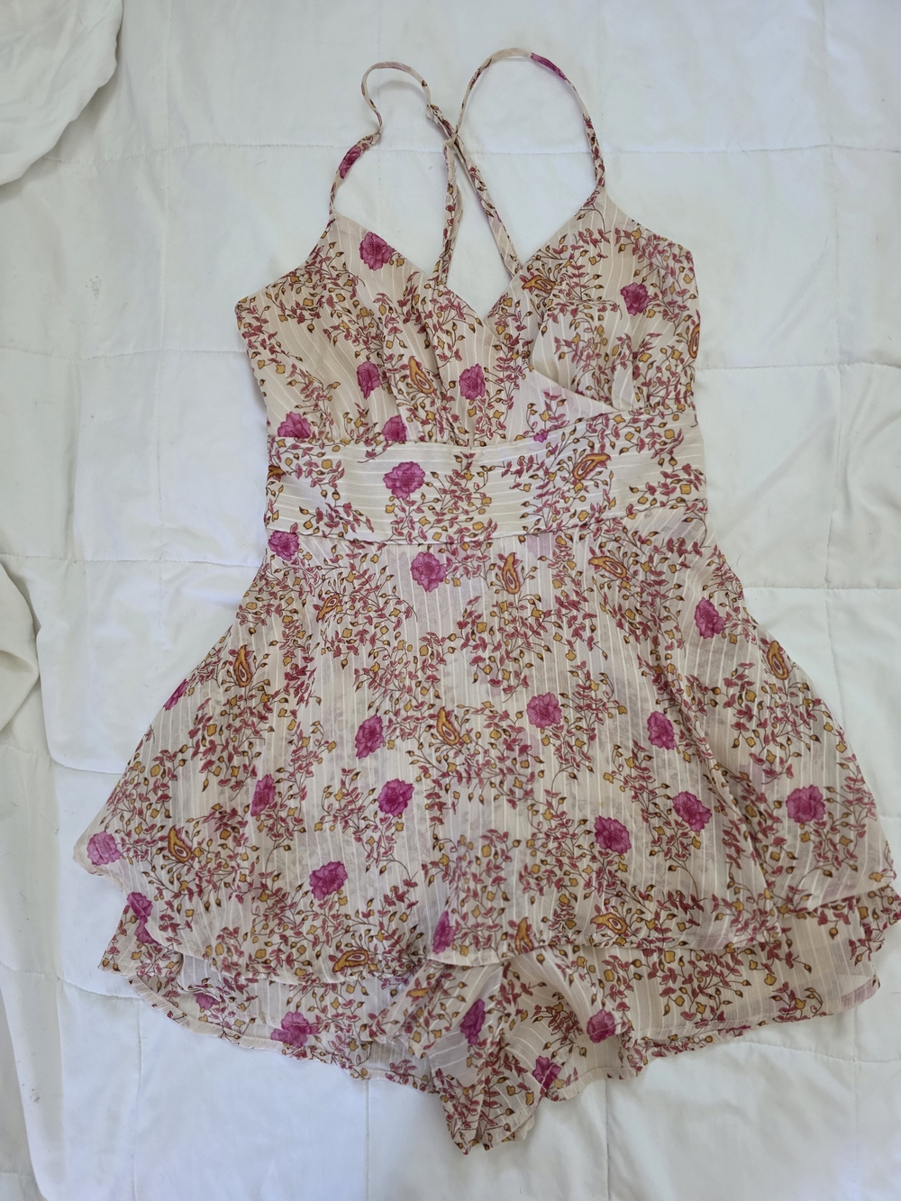 Juniors SHORT Floral Pink & Cream Summer Dress Romper- The Look Of A Micro Mini